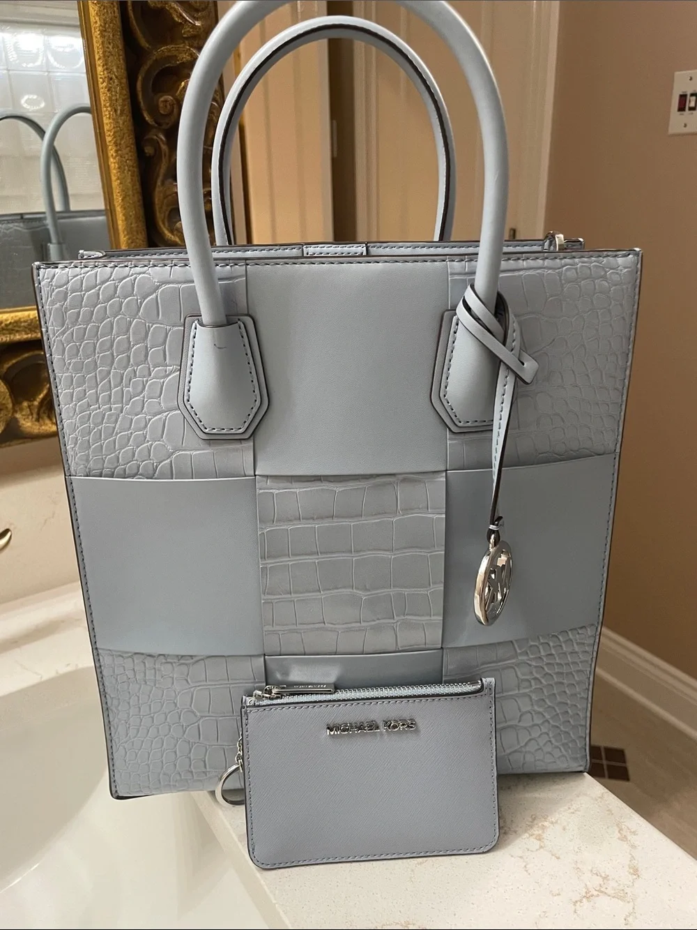 Michael Kors Gray/Blue Patchwork Croc-Embossed Tote with Pouch